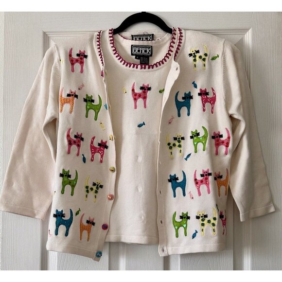 VTG Berek 2 Takako Sakon Cats & Fish Multi Beaded Sweater/Tank Top Set Sz Small - Picture 1 of 16